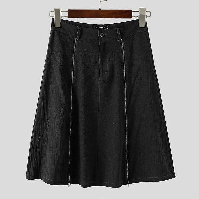 INCERUN Men High Waist Zip-up Long Skirts Casual A-line Splits Kilt