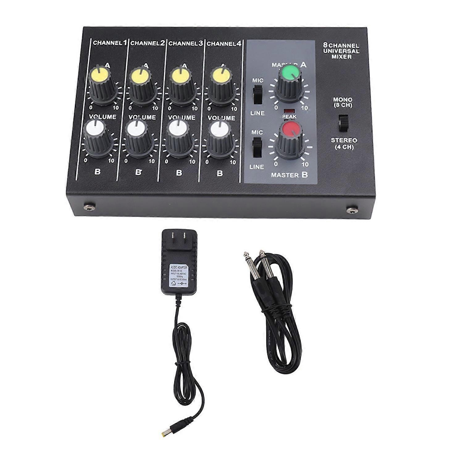 Mini Sound Mixer 8 In 2 Out 4 Channel Stereo and 8 Channel Mono Microphone Line Mixer for Studio Sta