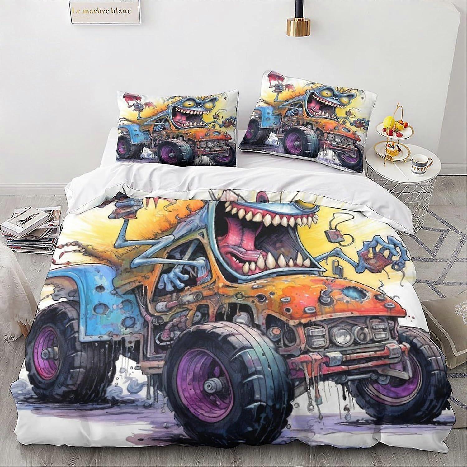 LikeEj monstro edredom capa conjunto, desenhos animados cama edredom capa 3D colcha capa vintage carro decor duplo