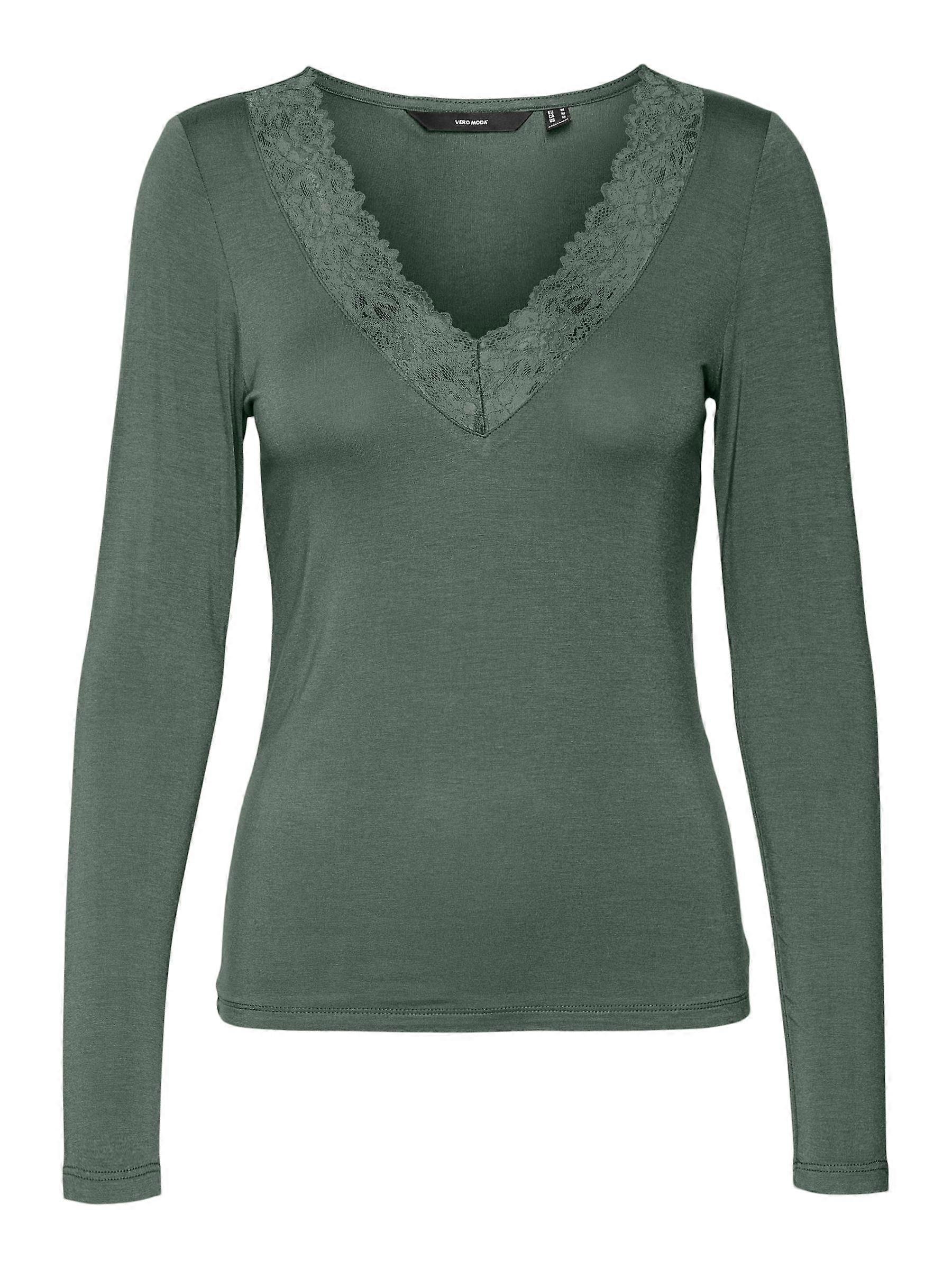 VERO MODA Damen Bluse Slim Fit V-Ausschnitt Spitzen-Detail Basic Langarm
