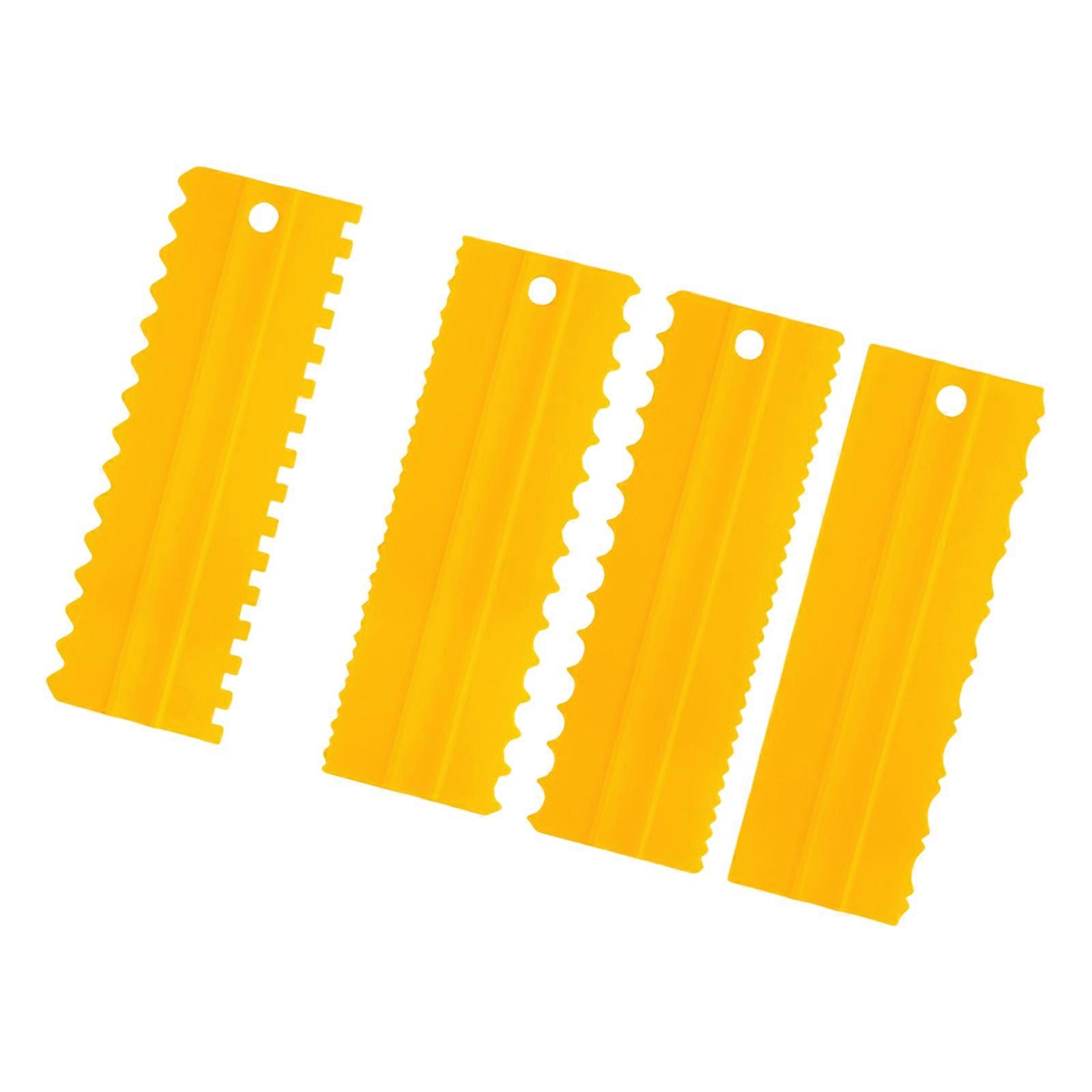 Pack of 4 Multi Shape Cake Scrapers Plastic for Professional Dessert Crafting highlighting Double Sided Comb Pattern  Yellow