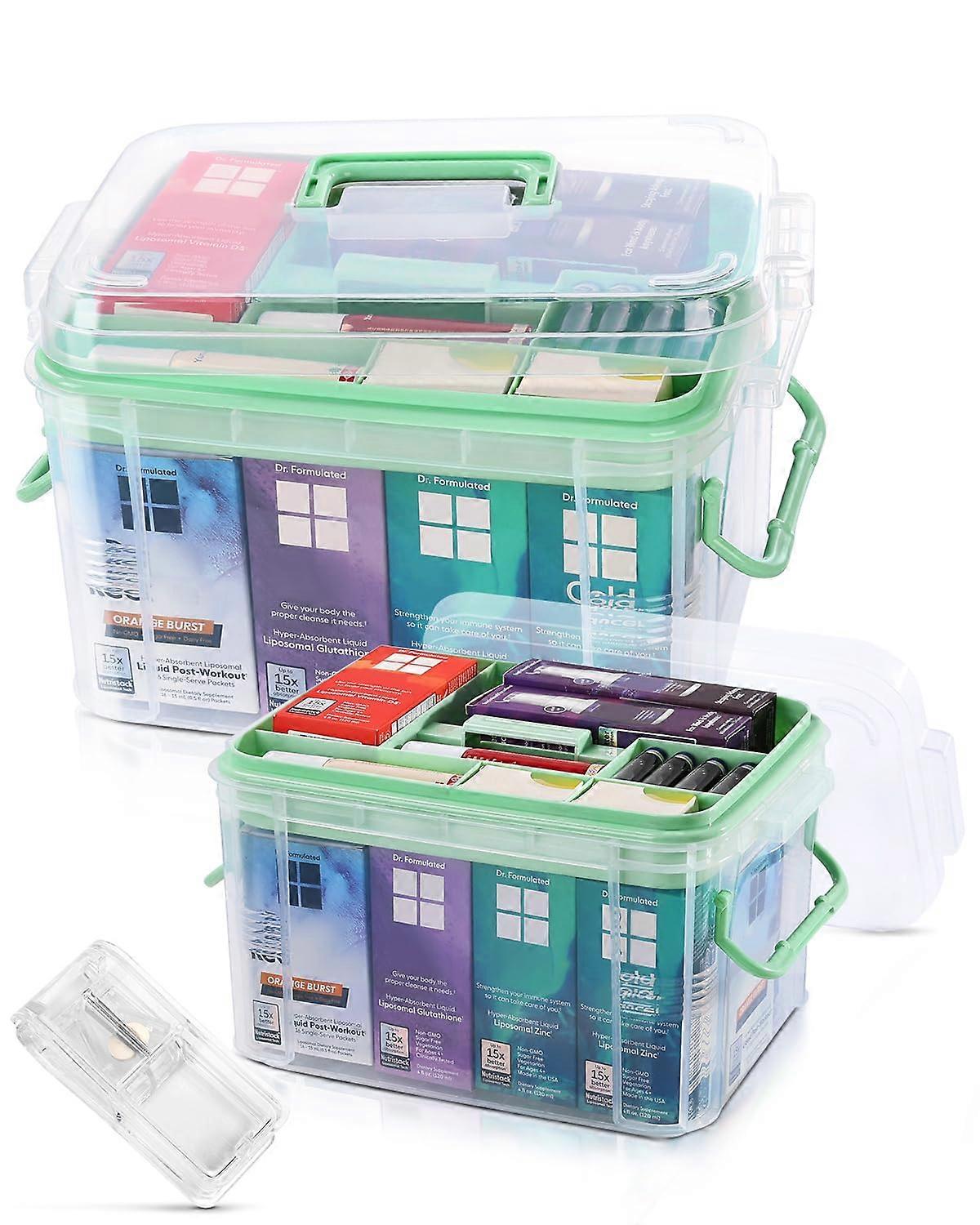 2Pack Medicine Organizer Box with Pill Splitter, 2Tier Clear Storage with Locking Lids and Labels