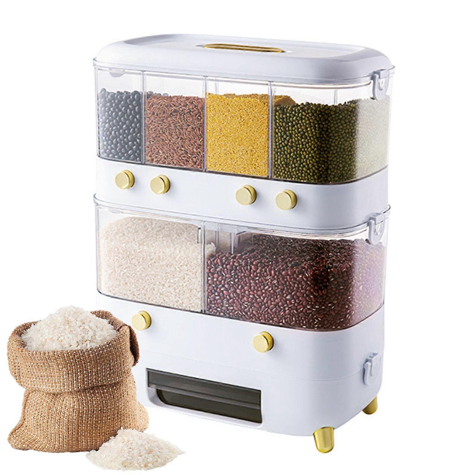 Rice Dispenser with Transparent MultiGrid Design, Large Grain Storage Container for Kitchen, White 6 Grid