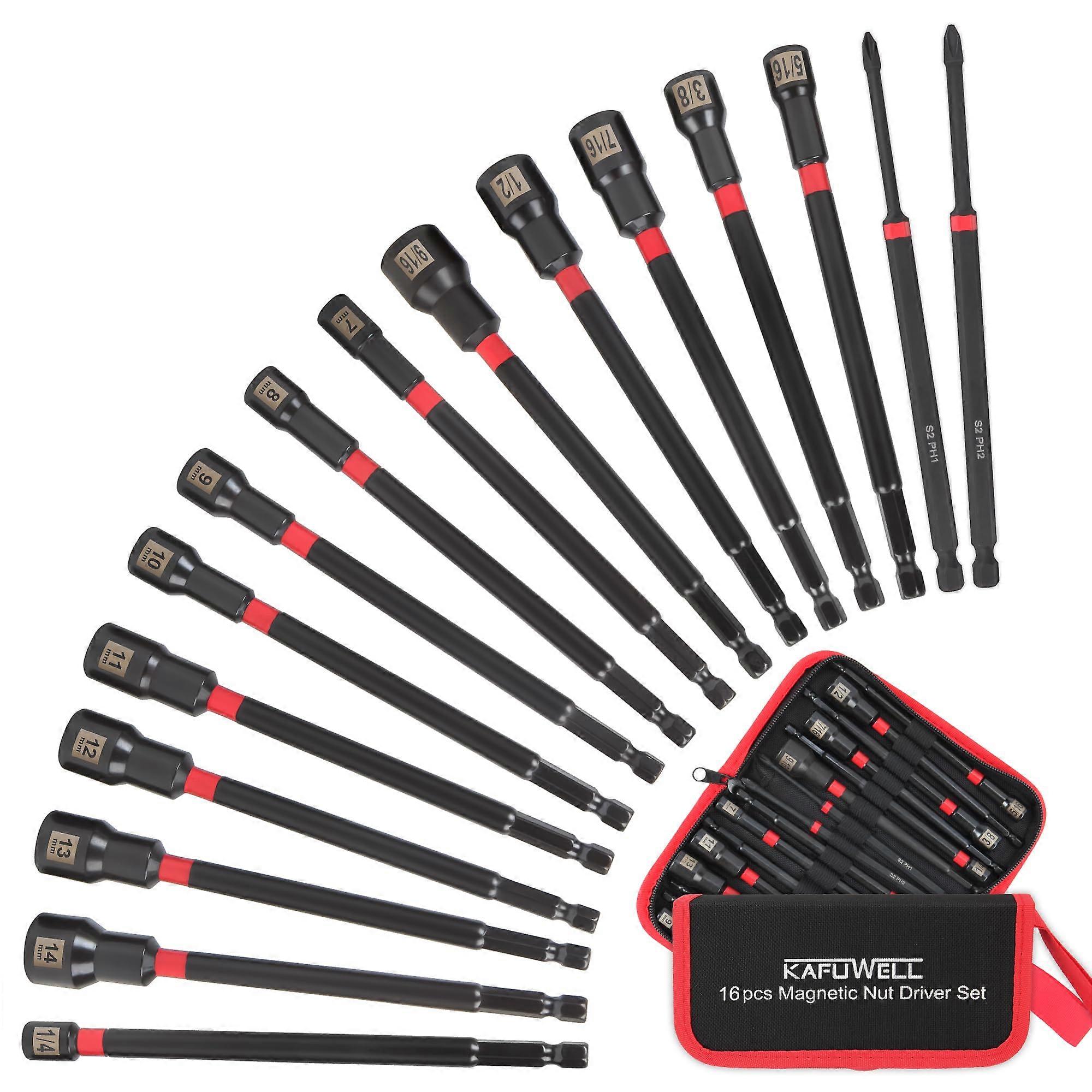 16PCS Magnetic Nut Driver Set, Mixed Metric and SAE Sizes, Long Shank Bits for Impact Drill, with Storage Bag