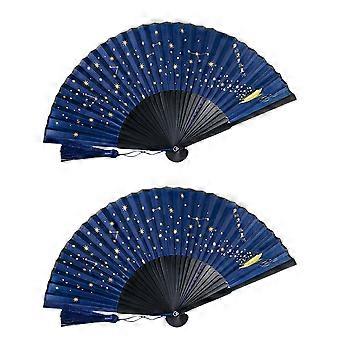 2x Klassieke Sterrenwaaier van Zijde, Chinees-Japanse Stoffen Bamboe Handwaaier voor Dansen (Blauw)