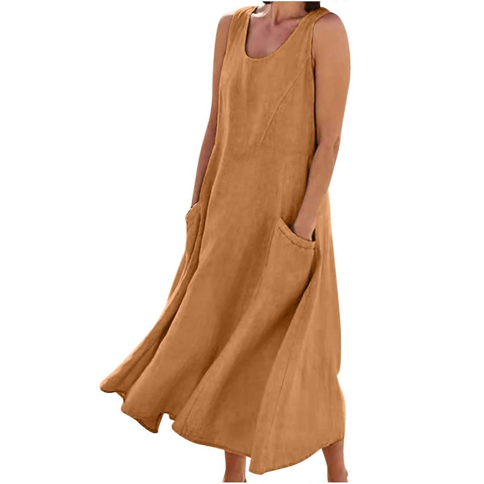 Women's Summer Cotton Linen Long Dress Sleeveless Elegant Flowy Dresses  Plus Size Loose Comfy Dress with Pockets light brown L | Fruugo UK