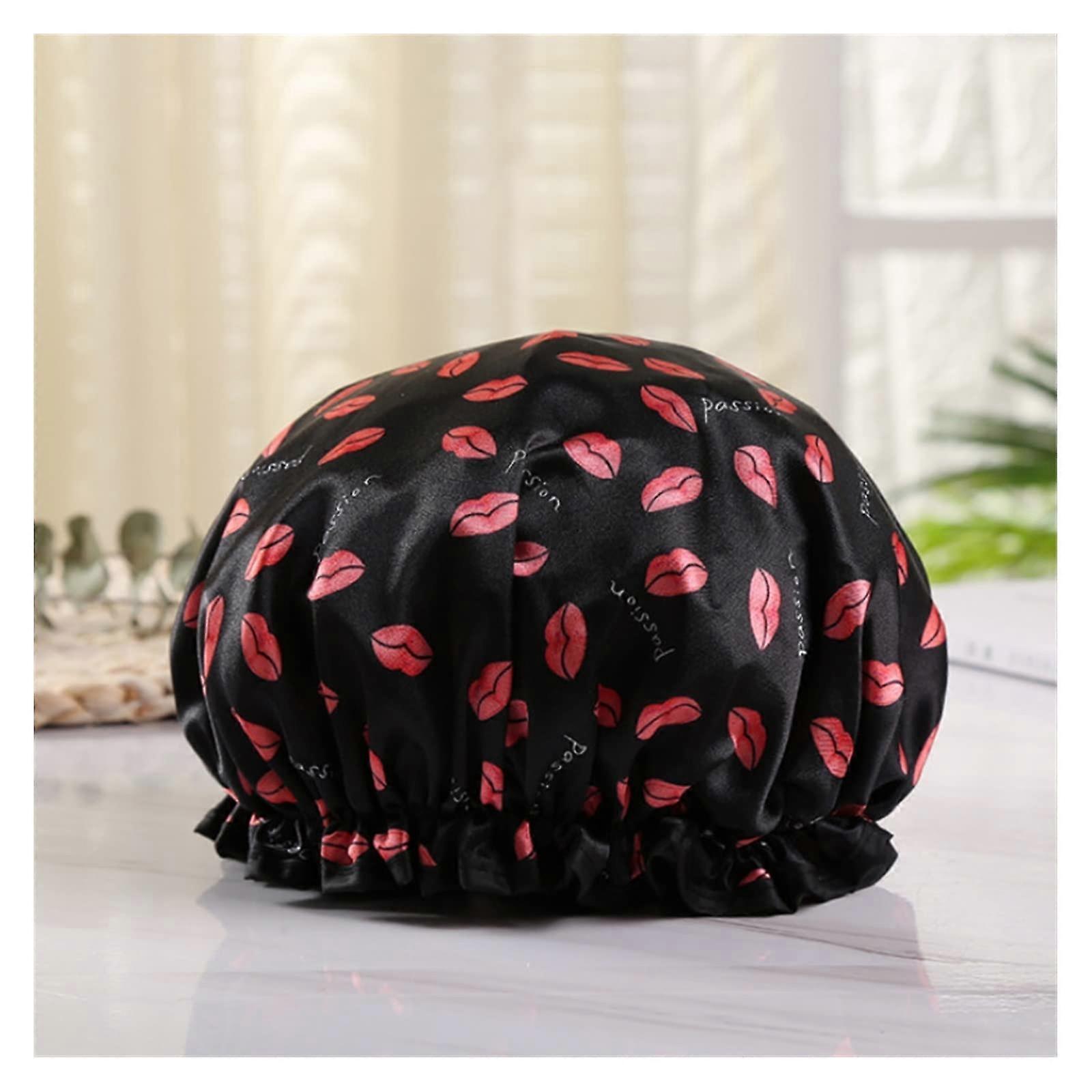 Waterproof Double Layer Shower Cap for Women with Elastic Secure Fit, Reusable Bath Hat