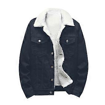 NaWent Men Classic Casual Denim Jacket Fleece Lined Windproof Outerwear Velvet Stand-Collar Single-Breasted Jacket Coat on Black 14(L)