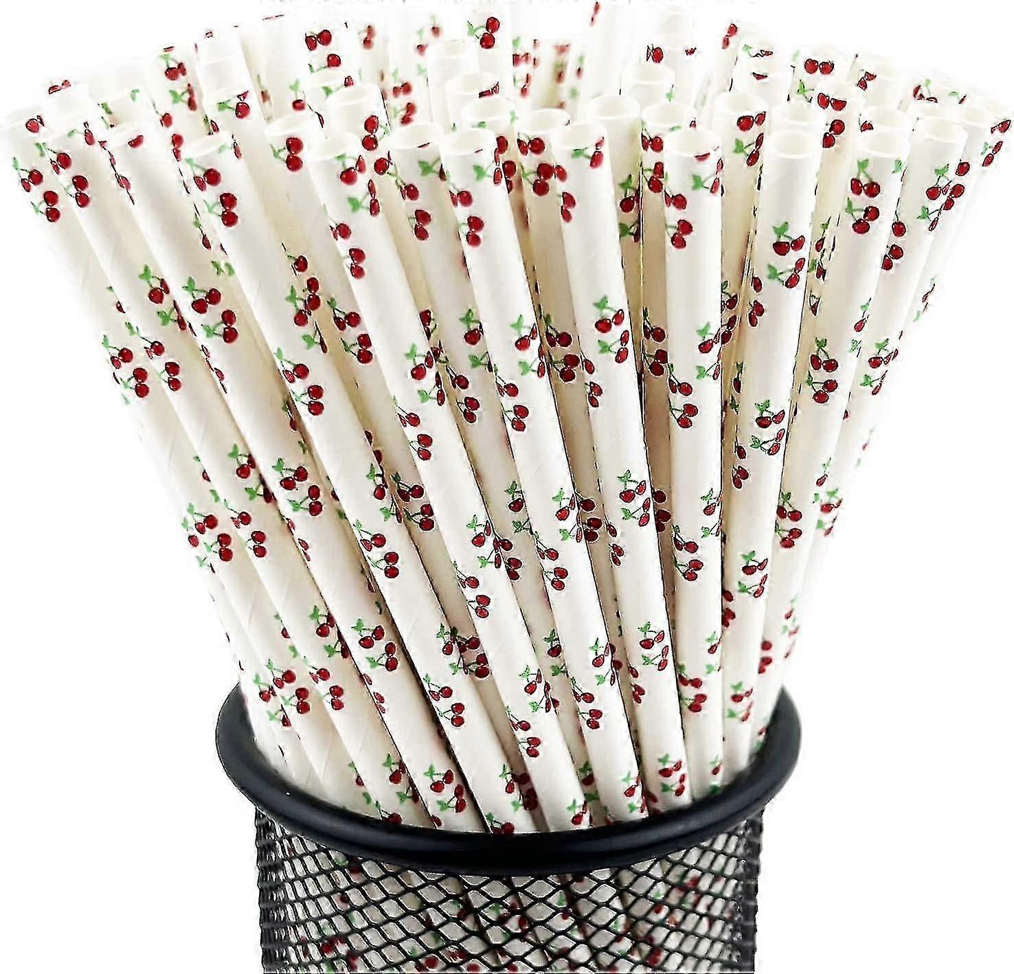 PDIN-Disposable Drinking Fruit Paper Straws, Pack 100 Cherry