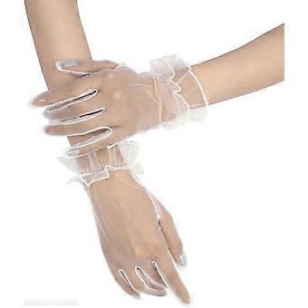 Dameshandschoenen met ruches van tule en mesh, geschikt voor bruiloften, feesten, gala's en avonden, ivoorkleurig, one size