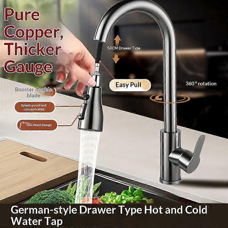 Premium Copper Pull-Out Kitchen Faucet - 3 Water Flow Modes