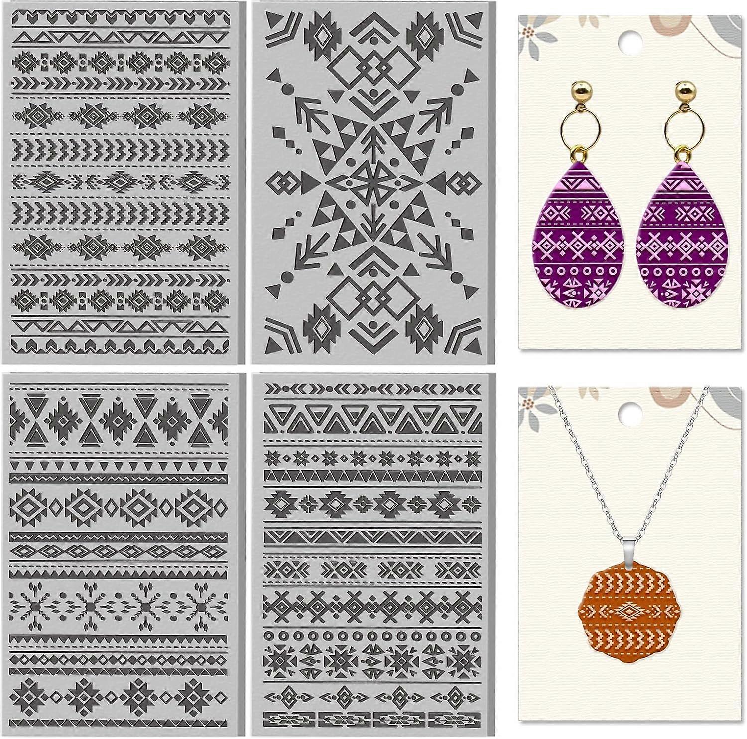 4 Sheets Aztec Pattern Clay Texture Mat Style Tribal Element Pattern Polymer Clay Texture Sheets DIY Tools for Pottery