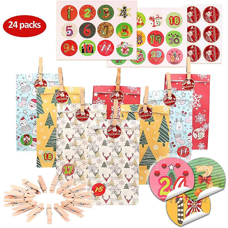 Noel 24 adet Set Kraft Kağıt Çantalar Noel Advent Takvim Sarma Renkli Hediye Çantaları
