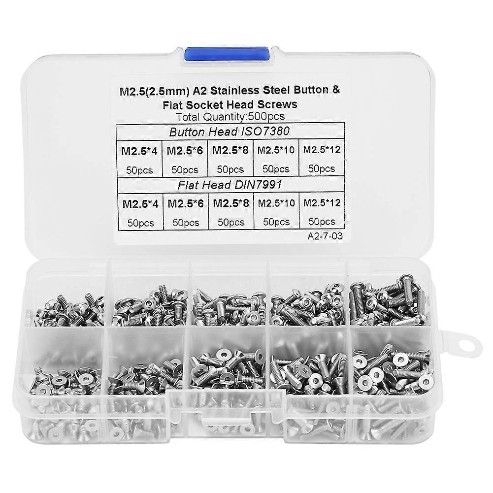 Ouitble Hexagonal Socket Screw M2.54M2.56M2.58M2.510M2.5 * 12 Button TFlat Head Hex Socket Screw Set, 500pcs in 1 Box