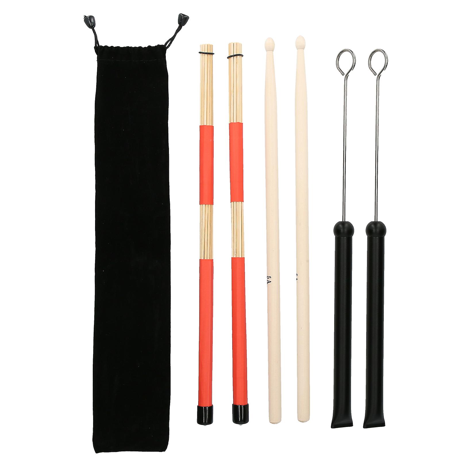 Drumstick Set, Retractable Wire Brushes, 5A Bamboo Rod, 19 Sticks, Plush Bag (Black)