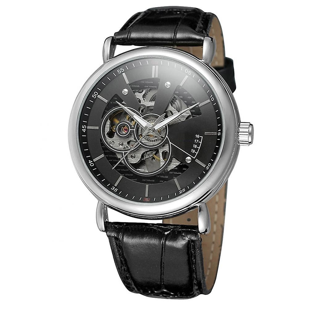 FORSINING Waterproof Hollow Out Automatic Mechanical PU Leather Strap Male Watch(Black+Silver)