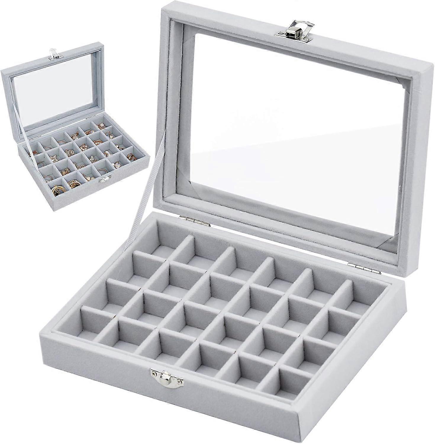 24コンパートメント付きジュエリーボックス、ジュエリーチェスト、リング、時計、ネックレス、イヤリング、ギフトアイデアのためのクリアガラス蓋付きディスプレイ