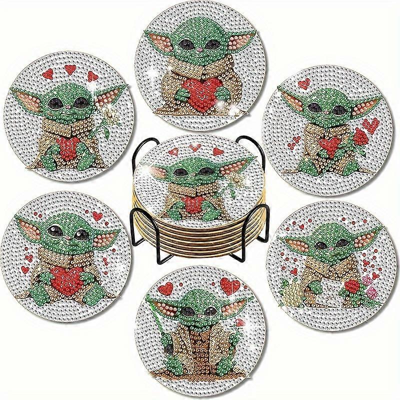 6pcs Set - Creative DIY Disney Yoda Diamond Art Coasters with Holder - Sparkling Cartoon Pattern, Non-Slip Drink Mats for Kitchen Table Decor - Unique