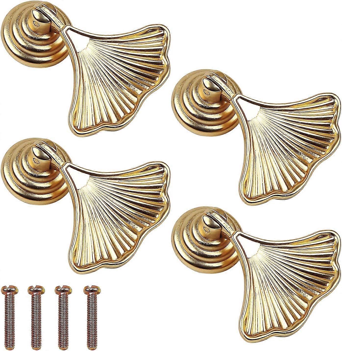 Set of 4 Golden Furniture Handles Chest of Drawers Knobs Ginkgo Leaves Shape with Screw