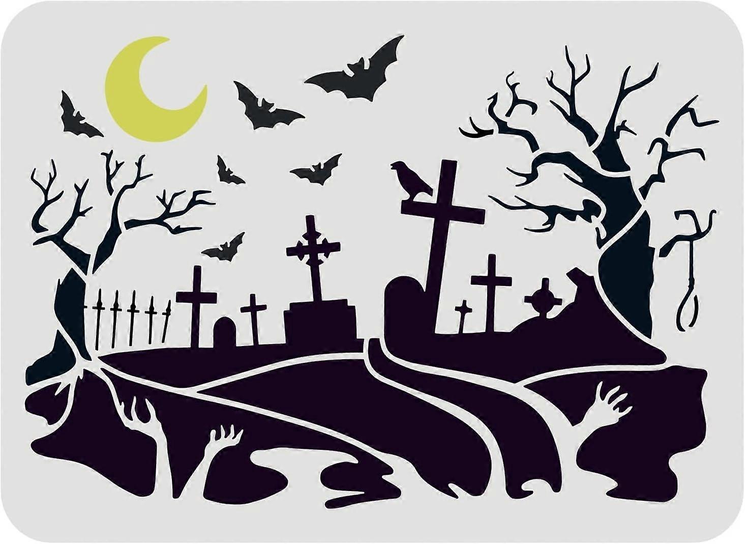 Graveyard Stencil Halloween Reusable Painting Stencil with Moon Bat Cemetery Withered Tree Design DIY Decoration Stencils Drawing Templates for DIY Wo