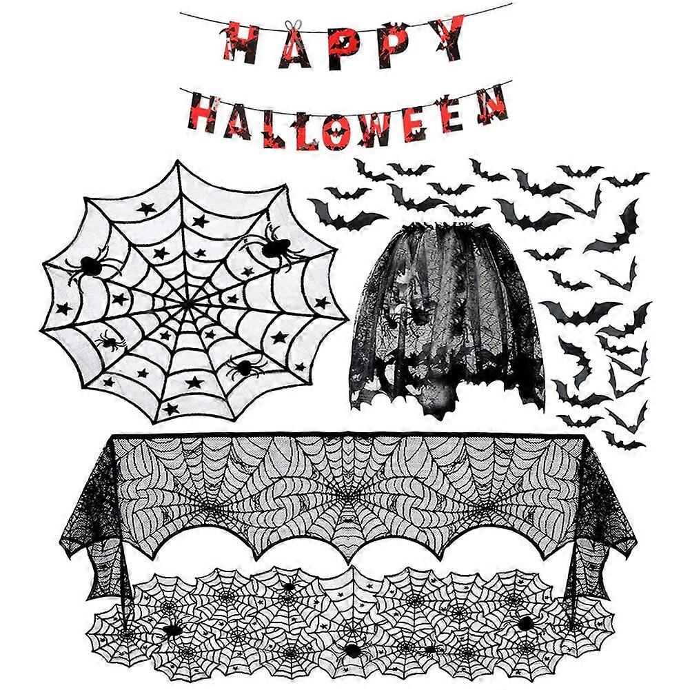 Halloween Spider Web Fireplace Cover Black Lace Set Disposable Decoration Pull the Flag B