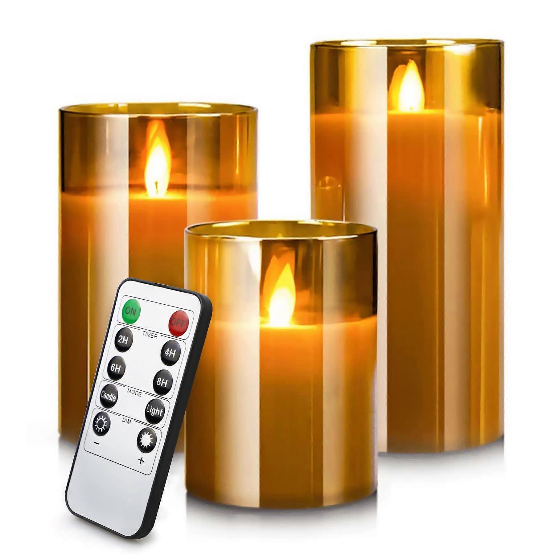 LED Candles, Flameless Candle, with Embedded Starlight String Wiht 10-Key Remote and Cycling 24 Hours Timer Set of 3, Real Wax, Battery-Powered Brown