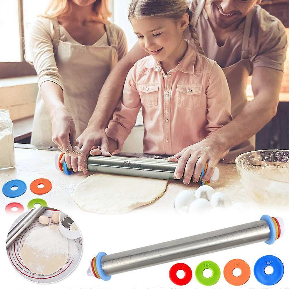 17" Adjustable Rolling Pin with 4 Sets Thickness Rings, Stainless Steel Dough Roller Pin for Pizzas, Pies, Biscuits, Cookies, Dumplings, Pasta
