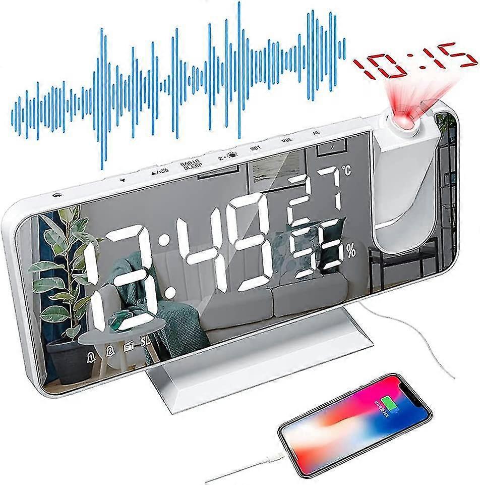 Projector Alarm Clock, Fm Radio Alarm Clock, Ceiling Projector Alarm Clock With 180 Projection, Wit