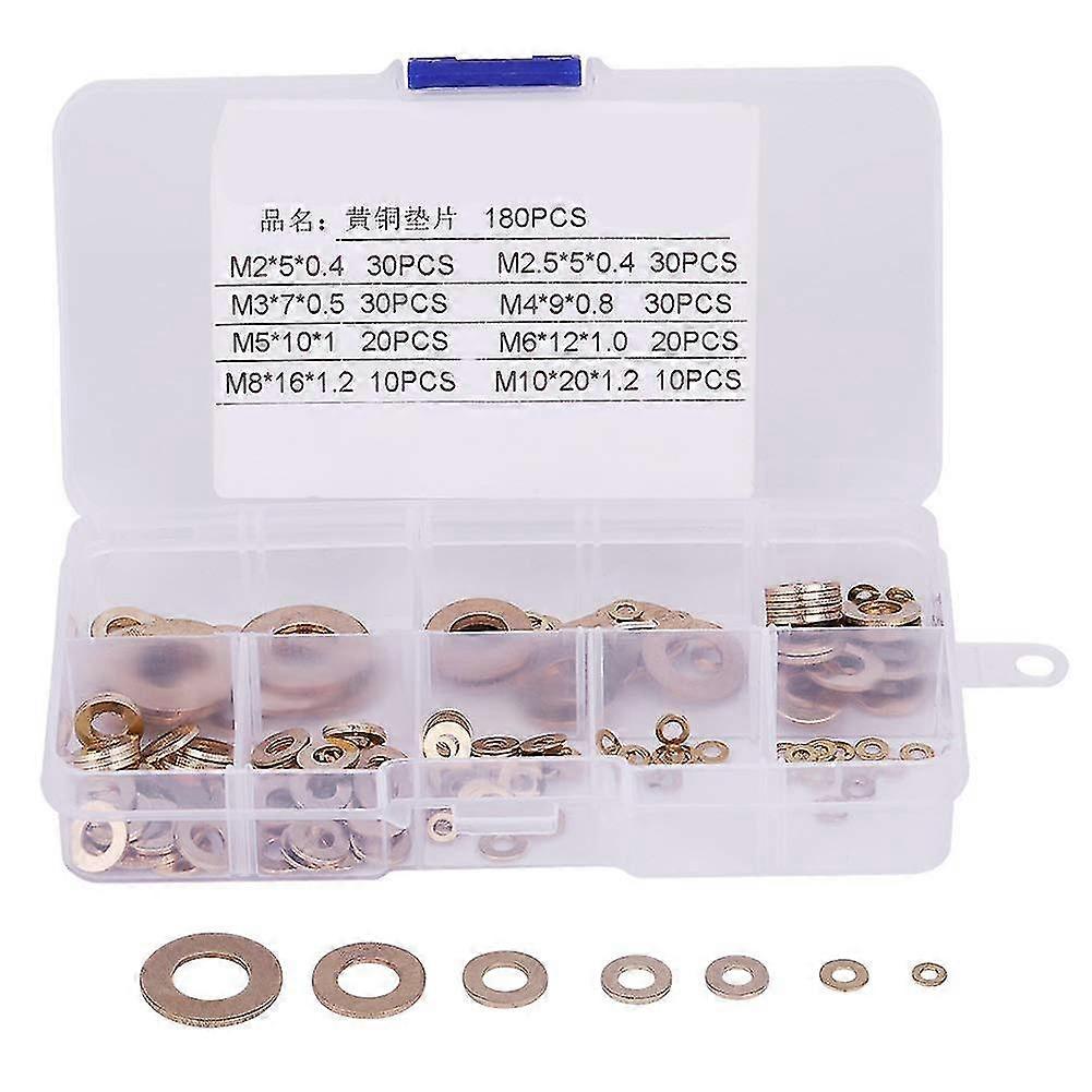 Health Gear 180pcs Brass Flat Washer, 8 Sizes Metric Sealing Washers Assortment Set, M2 M2.5 M3 M4 M5 M6 M8 M10
