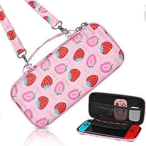 Carrying Case for Nintendo Switch,Cute Strawberry Sturdy Hard Shell Travel Carry Cases with Adjustable Strap and 10 Game Card Slots