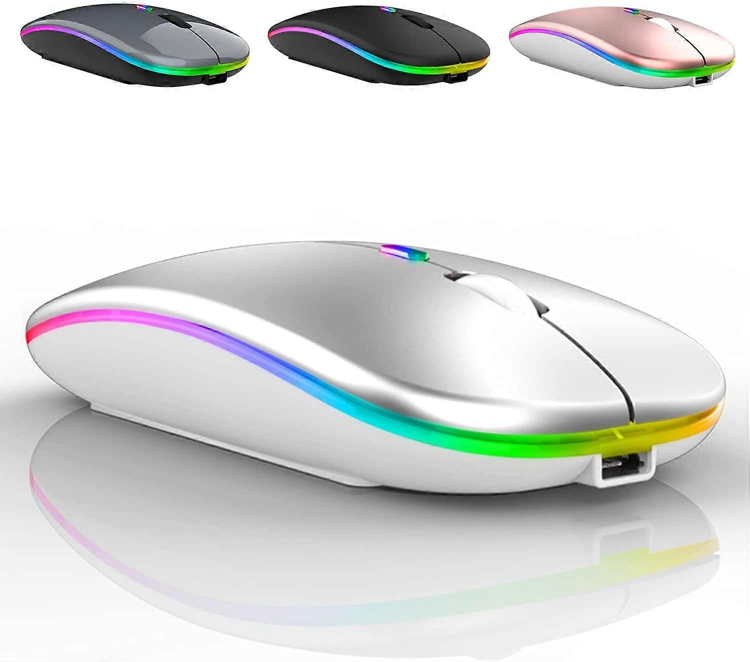 Led Wireless Mouse, Rechargeable Ultra-Thin Silent Mouse 2.4G Portable Mobile Optical Office Mouse With Usb And Type-C Receiver, 3 Adjustable Dpi Grey