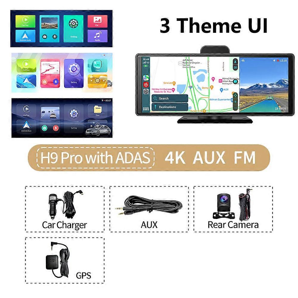 10.26" Wireless CarPlay & Android Auto Dash Cam ADAS Touch Screen 4K DVRs GPS Navigation Dashboard Video Recorder 24H Park AUX