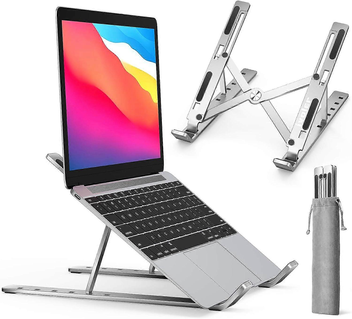 Laptop Stand, Foldable Riser Laptop Stand 6 Angles Adjustable, Anti-Slip Ventilated Aluminum Stand Compatible with Laptop, Tablet Silver