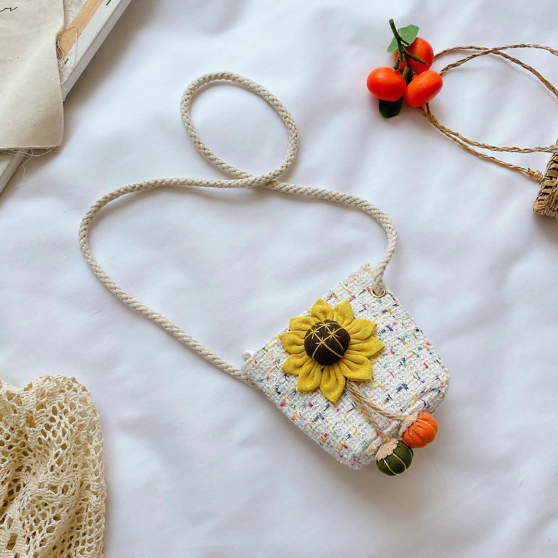 תיק כתף ארוג לילדים, ארנק, צורה חמודה 12 * 17 ס"מ (לבן + חמניות)