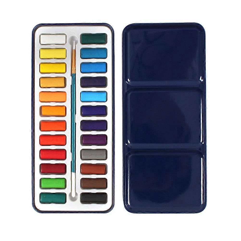24 Colors Tin Metal Box of Solid Watercolor Paint Set with Brush (Random Case Color)
