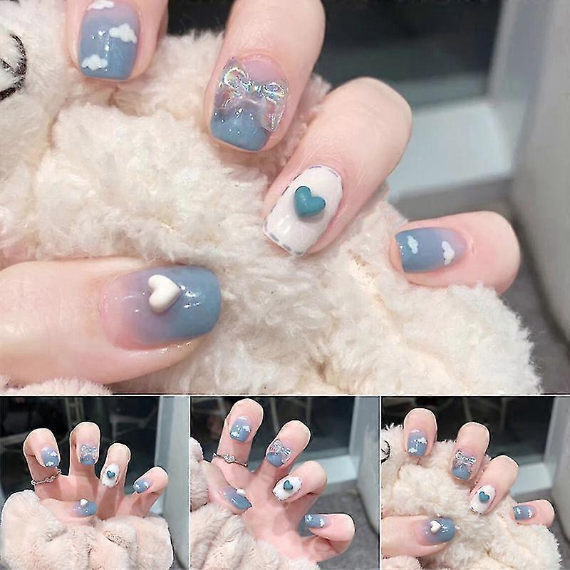 24pcs Press On Nails Cute Clouds & Gradient Blue Design Fake Nails Full Coverage