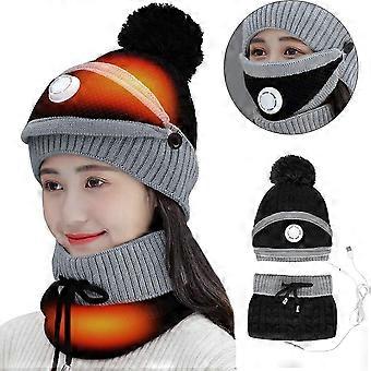 Heated Hat Scarf Set, New Winter Hat Warm Thick Beanie Cap Neck Loop Scarf  With Usb Charging Cable
