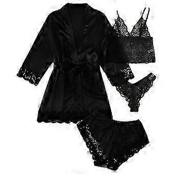Women's Satin Pajamas Set Set 4-piece Floral Lace Strap Underwear(multiple options)