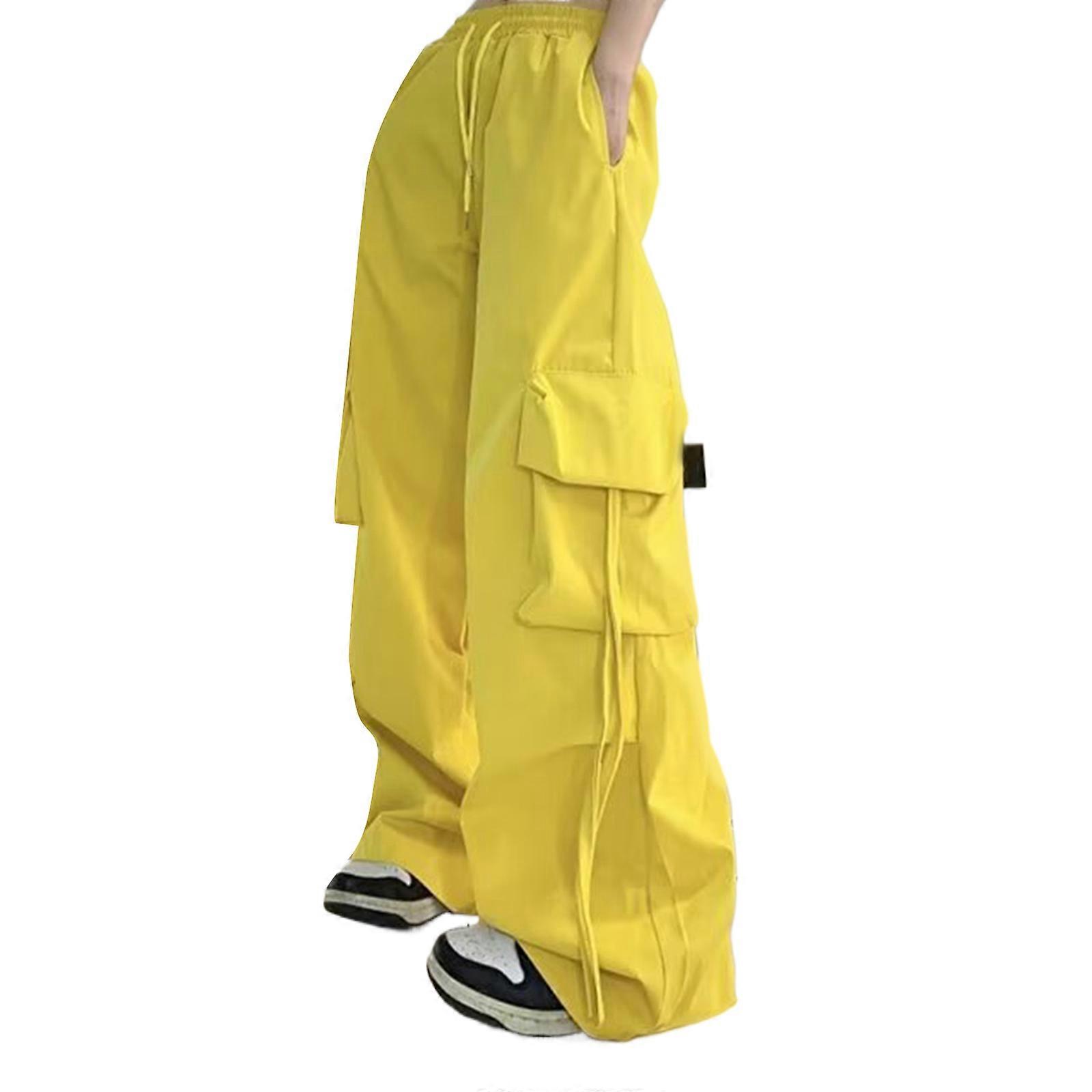 Calças de Carga Largas com Cintura Elástica com Cordões Sólidos para Mulheres com Bolsos de Aba de Perna Larga Alças Calças Soltas Parachutes Calças Amarelo XL