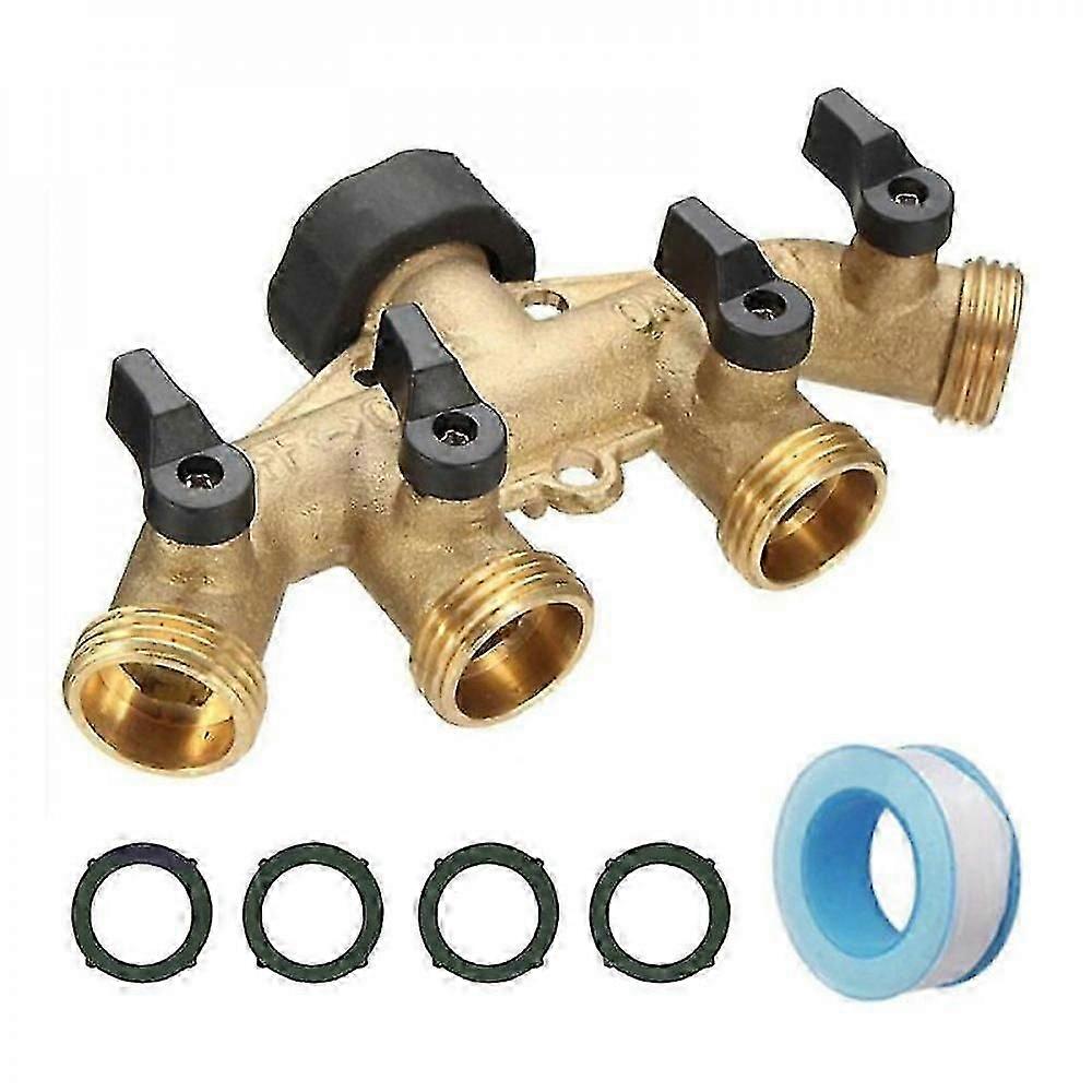 4 Way Brass Hose Splitter 3/4 Inch Garden Hose Distributor With 4 Shut-off Valves N[H
