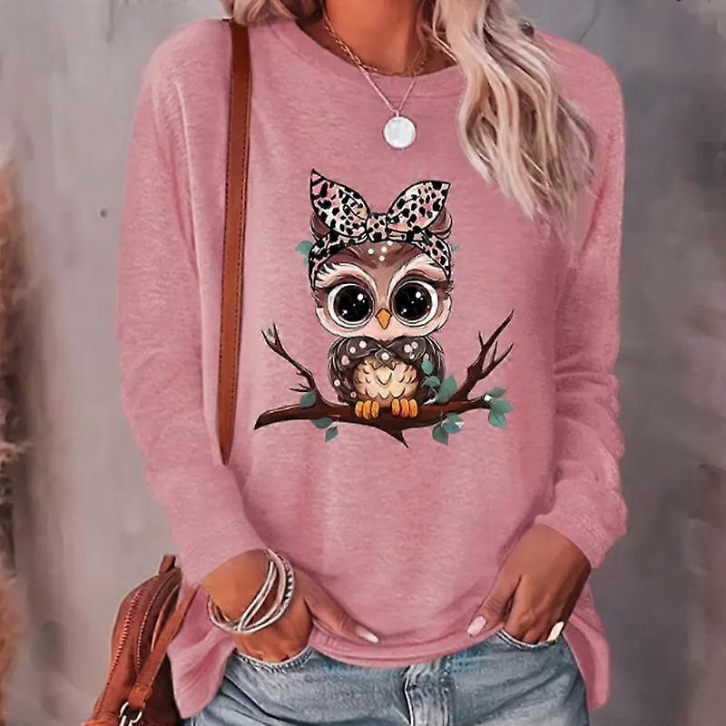Topy dla kobiet Śliczna sowa z nadrukiem z okrągłym dekoltem i długim rękawem Fall Casual Slim Pullover Damski top z długim rękawem