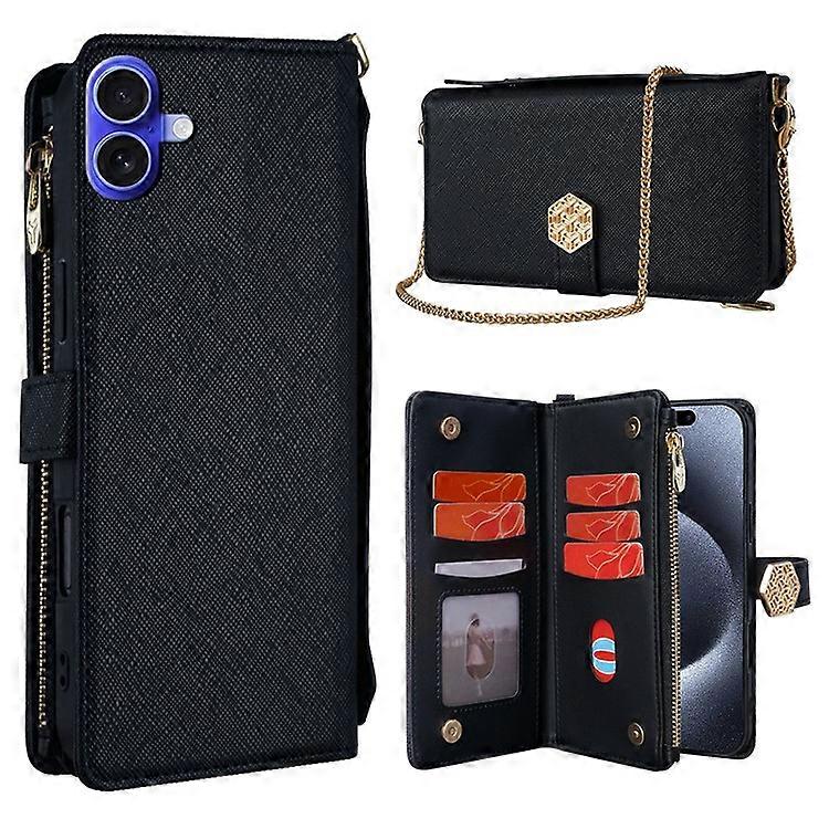 Compatible For iPhone 16 Plus Case Cross Texture PU Leather+TPU Wallet Phone Cover with Strap
