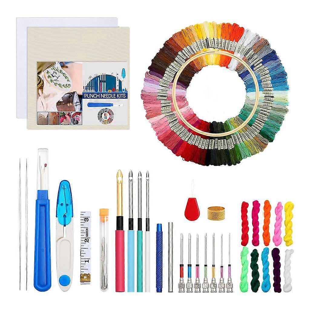 Mixed Punch Needle Kit DIY Embroidery Hoop Threads Sewing Accessory Threader