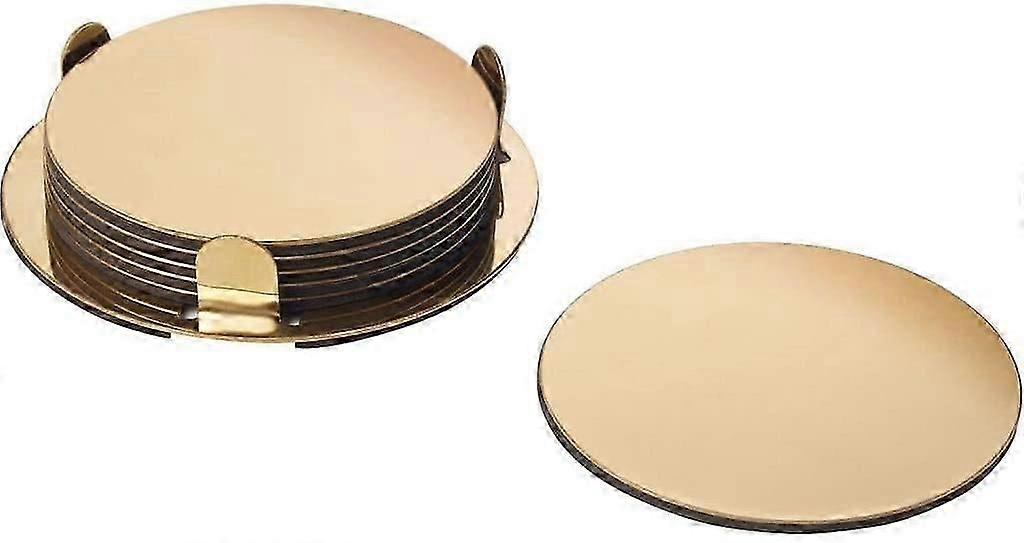 IKEA Glattis Coasters Set of 6 Coasters with Holder Gold/Brass 8.5 cm Dia