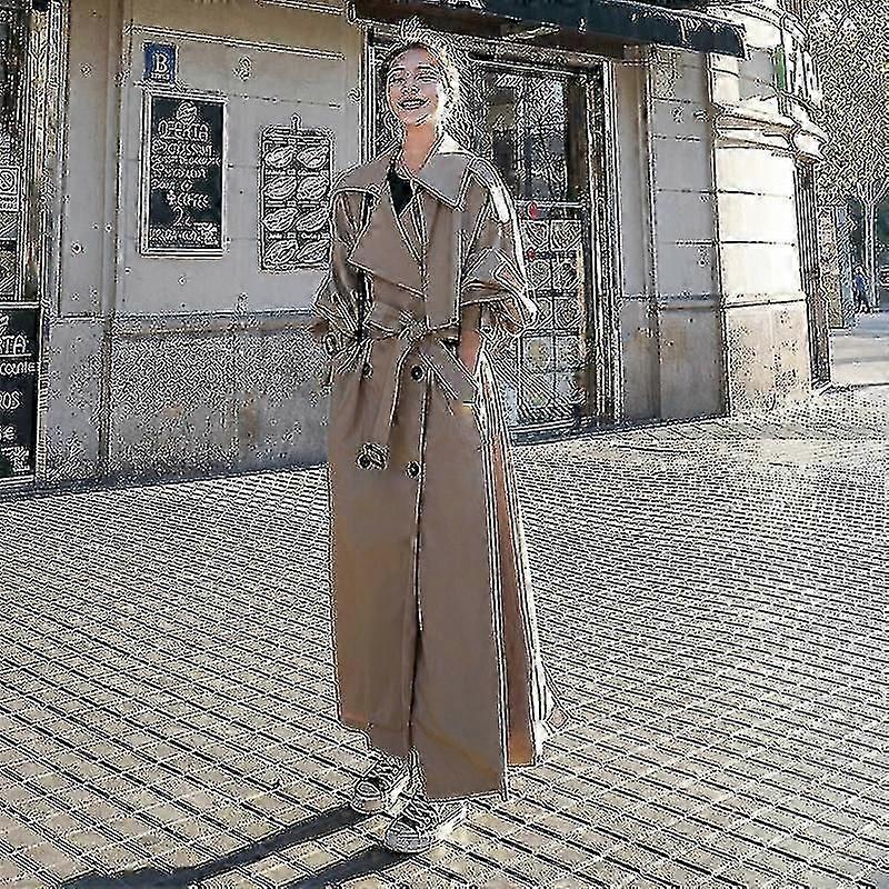 kvinners grøft jakke løs overdimensjonert lang jakke dobbeltbrystet belte dame kappe grå windbreaker