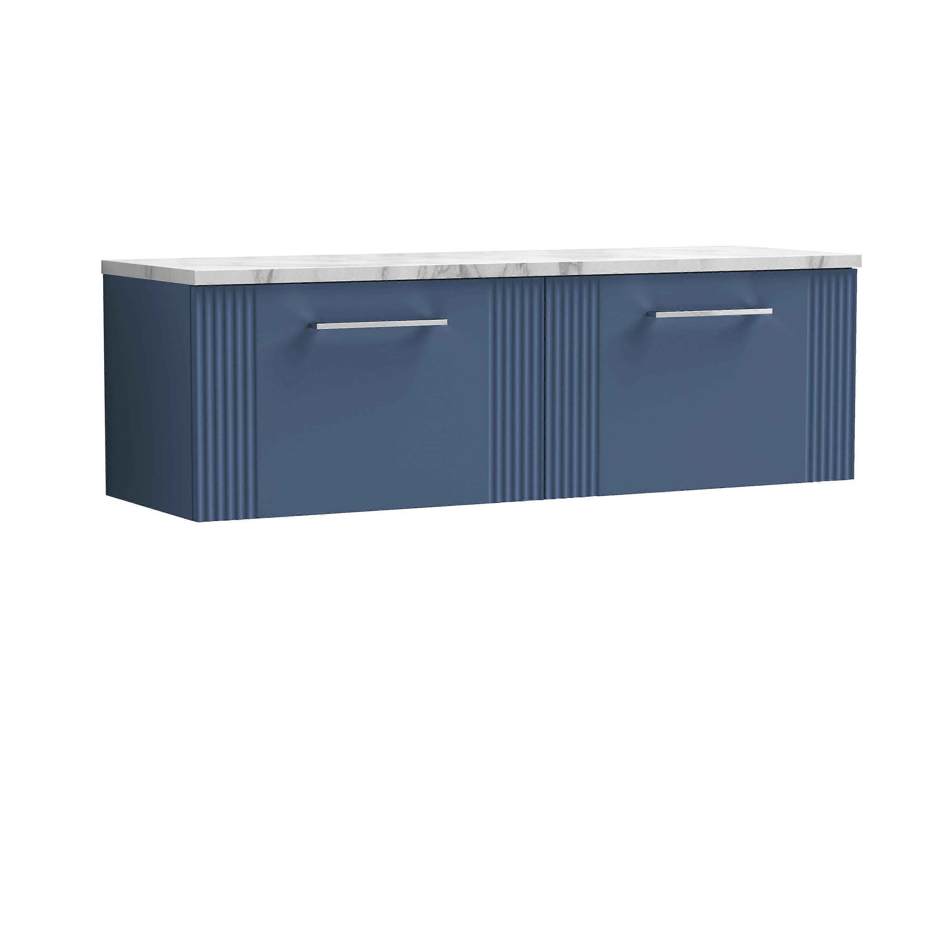 Partial Fluted 2 Drawer Wall Hung Vanity Unit with Carrera Marble Laminate Worktop - 1200mm - Satin Blue