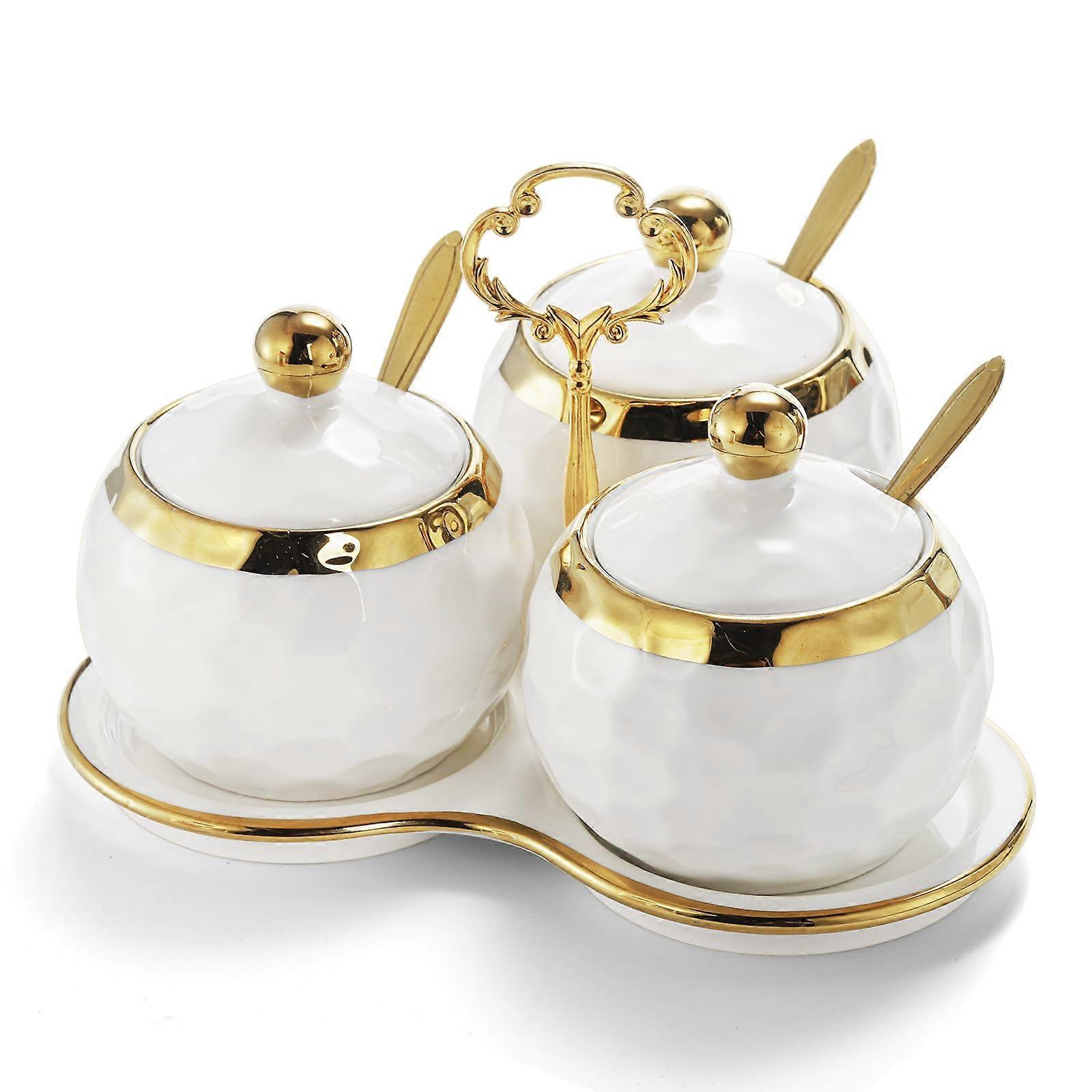 3 Set White Ceramic Condiment Pots for Kitchen Storage, Spice Organization, and Sauce Serving