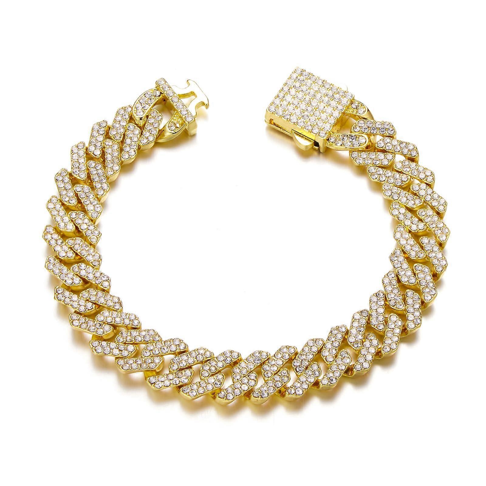 Cuba Link Bracelet for Women 12mm Pink Crystal Gold Silver Bezel Bling Hip Hop Jewelry 8 Inch Gift