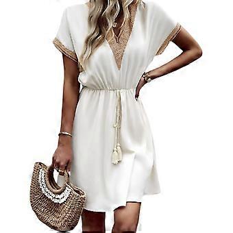 Summer Casual Short Sleeve V Neck Lace Trim A Line Dress Loose Fit  Drawstring Tie Waist Flared Midi Dresses for Women White S | Fruugo UK