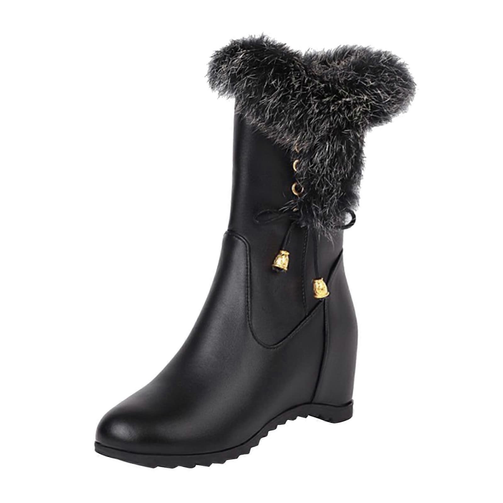 Furry Boots Wedge Ankle Booties With Side Zipper Fur-Lined Warm Snow Booties Non-Slip Short Winter Boots